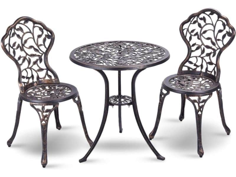 COSTWAY 3-Delige tuinmeubelset, bistroset, gegoten bladpatroon antieke buiten tuin tuinmeubilair