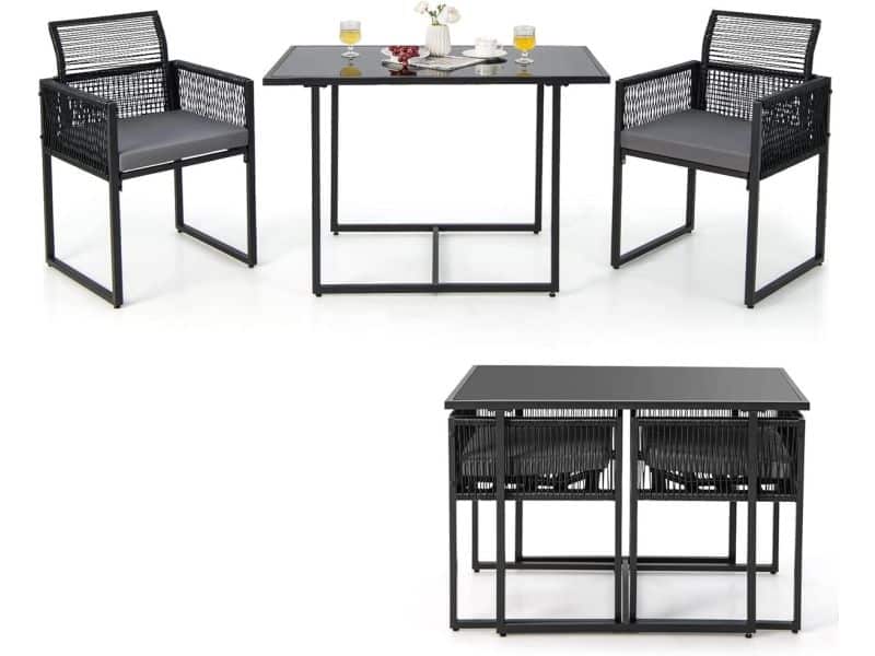 COSTWAY 3-delige tuintafelset met 2 rotan tuinstoelen, bistroset incl. zitkussens