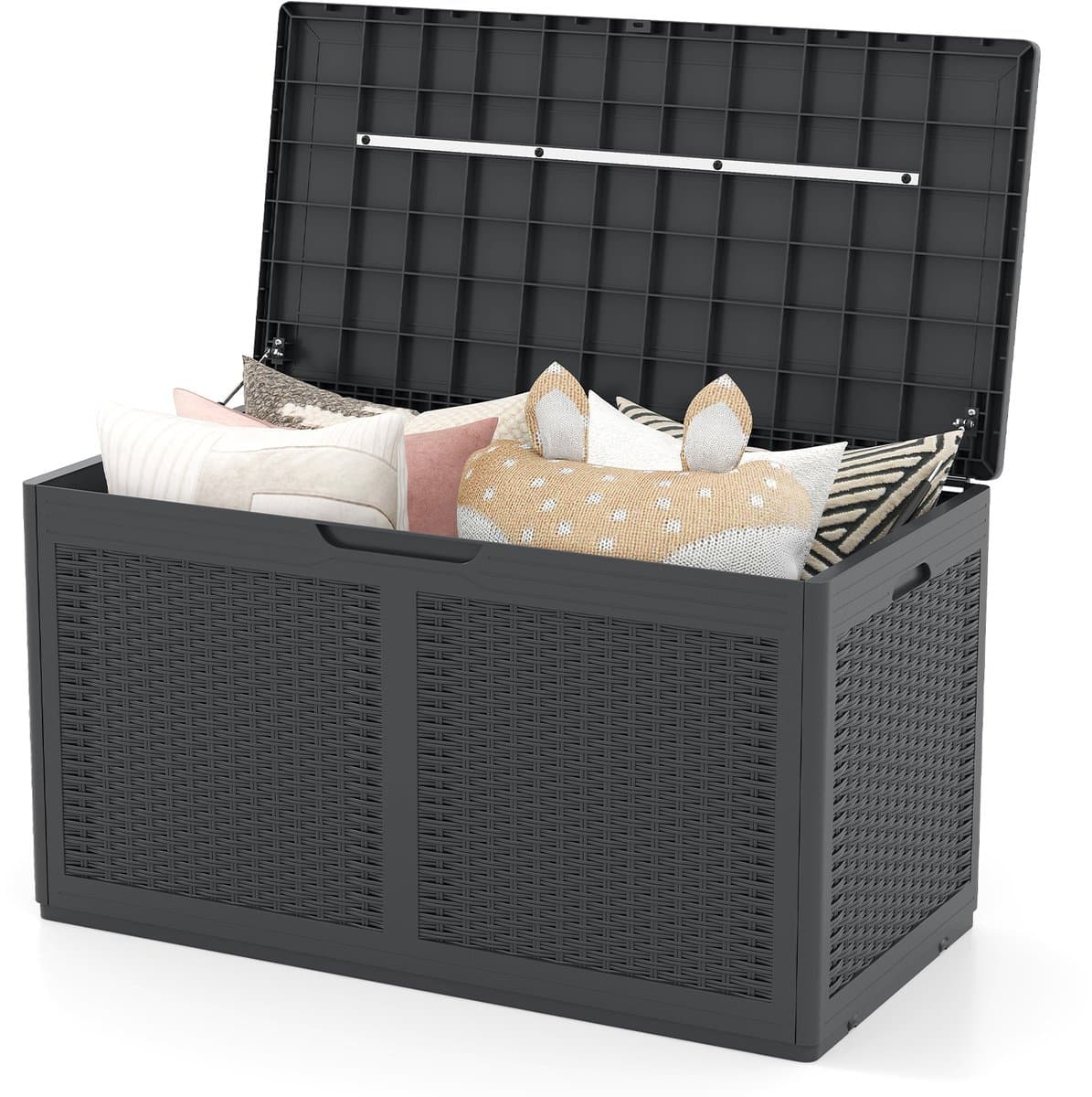 costway 380 l tuinbox met wieltjes, opbergbox, waterdicht incl. deksel, opbergdoos, tuinkist met rotanstructuur voor zwembadaccessoires, tuingereedschap en balkon (grijs)