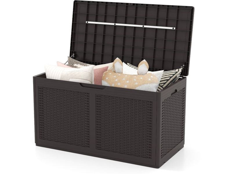 COSTWAY 380 L tuinbox met wieltjes, opbergbox, waterdicht incl. deksel, opbergdoos, tuinkist met rotanstructuur voor zwembadaccessoires, tuingereedschap en balkon (bruin)