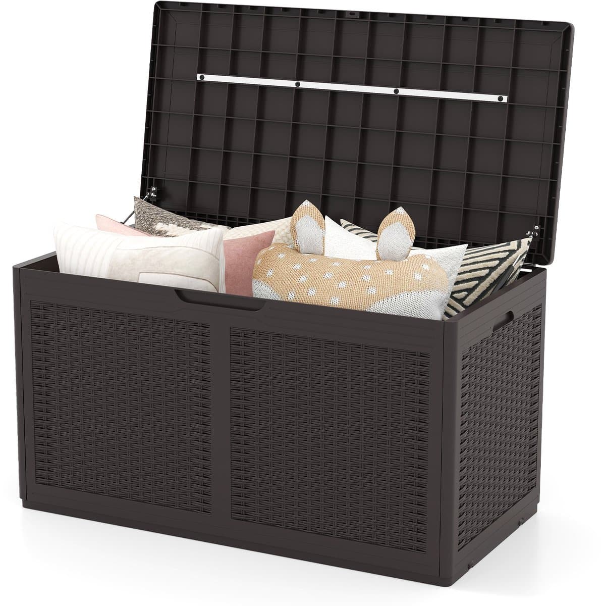 costway 380 l tuinbox met wieltjes, opbergbox, waterdicht incl. deksel, opbergdoos, tuinkist met rotanstructuur voor zwembadaccessoires, tuingereedschap en balkon (bruin)