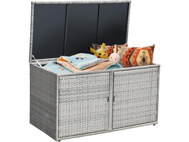 COSTWAY Opbergbox rotan, 333 liter, kussenbox met dubbele deuren, deksel en plank, tuinbox, kistbank, tuinbox, weerbestendig, voor terras, tuin, balkon, 115/215 x 60 x 65 cm (grijs)