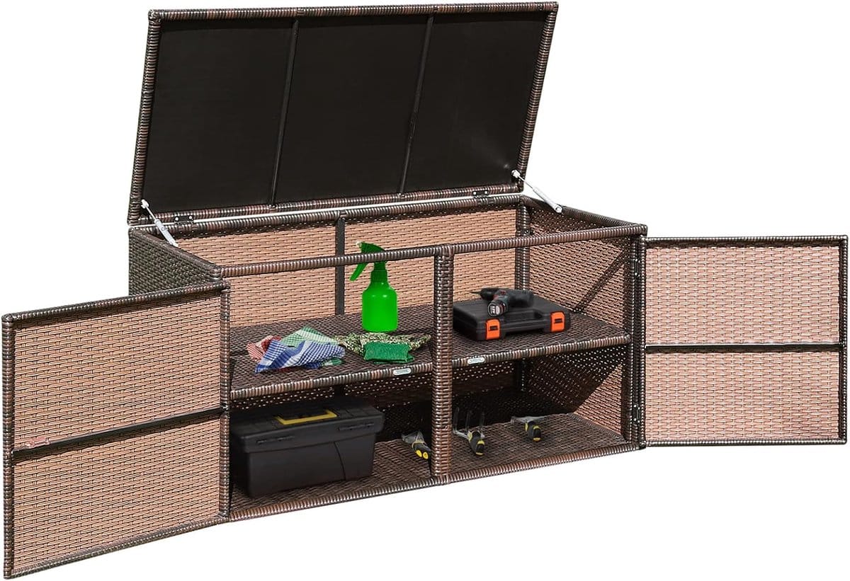 costway opbergbox rotan, 333 liter, kussenbox met dubbele deuren, deksel en plank, tuinbox, kistbank, tuinbox, weerbestendig, voor terras, tuin, balkon, 115/215 x 60 x 65 cm