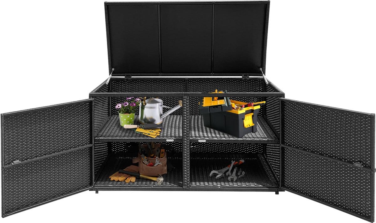 costway opbergbox rotan, 333 liter, kussenbox met dubbele deuren, deksel en plank, tuinbox, kistbank, tuinbox, weerbestendig, voor terras, tuin en balkon, 115/215 x 60 x 65 cm
