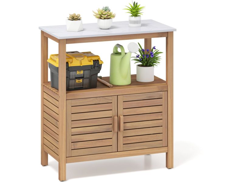 COSTWAY Plantentafel met onderkast, houten tuinkast, terraskast met werkblad, opbergvak en kast