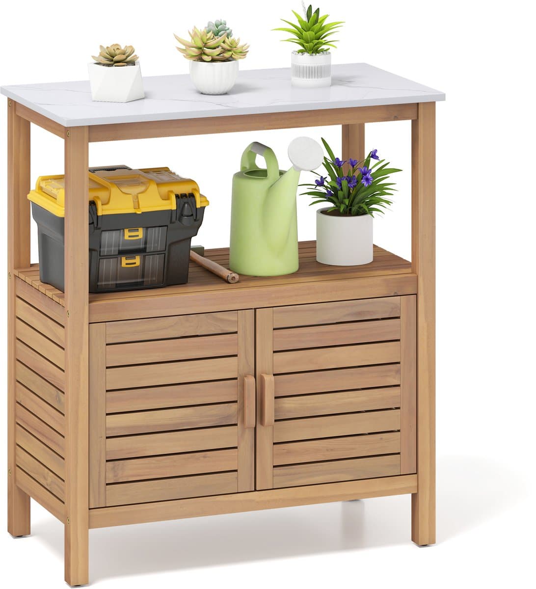 costway plantentafel met onderkast, houten tuinkast, terraskast met werkblad, opbergvak en kast