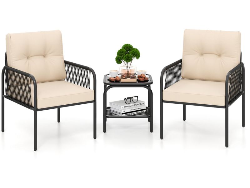 COSTWAY Rotan tuinmeubelset, 3-delig, balkonmeubel met 2 stoelen & tafel