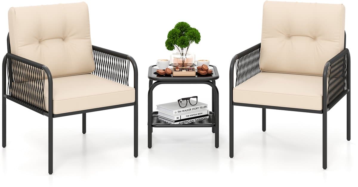 costway rotan tuinmeubelset, 3 delig, balkonmeubel met 2 stoelen & tafel