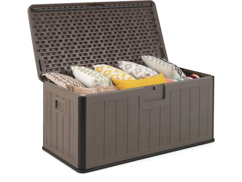 COSTWAY Tuinbox, 378 liter, waterdicht, voor tuin met afsluitbaar deksel, opbergdoos voor kussens en tuingereedschap, kussenbox outdoor, voor terras, balkon, tuin (bruin)