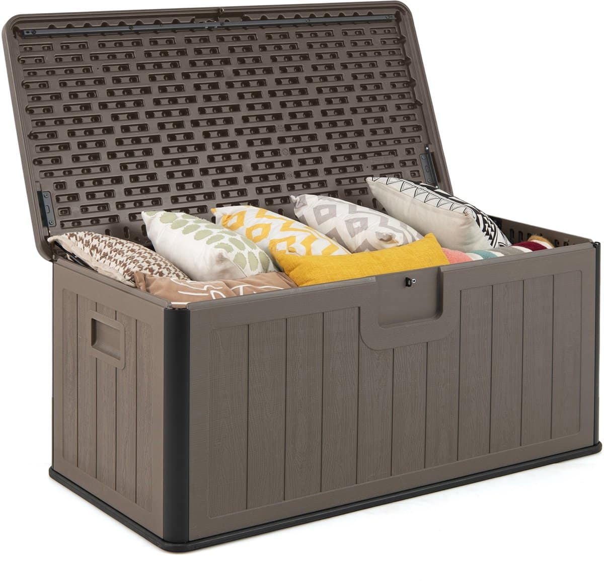 costway tuinbox, 378 liter, waterdicht, voor tuin met afsluitbaar deksel, opbergdoos voor kussens en tuingereedschap, kussenbox outdoor, voor terras, balkon, tuin (bruin)