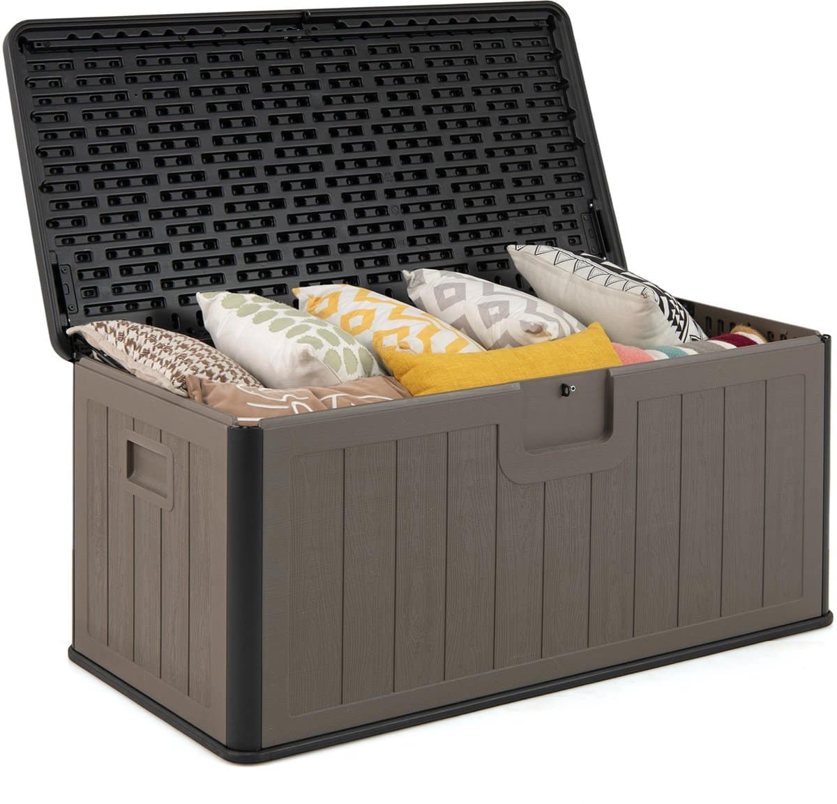 costway tuinbox, 378 liter, waterdicht, voor tuin met afsluitbaar deksel, opbergdoos voor kussens en tuingereedschap, kussenbox voor buiten, voor terras, balkon, tuin (zwart + bruin)