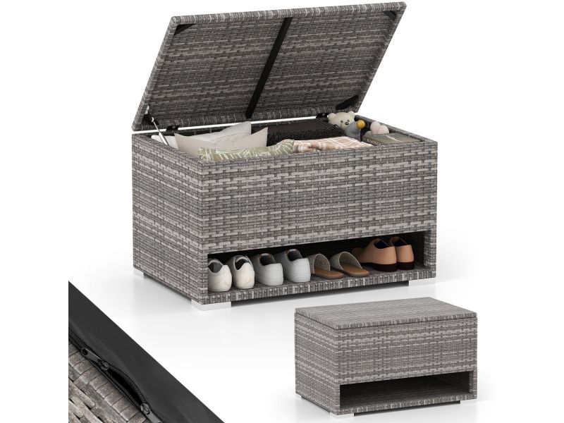 COSTWAY Tuinbox met schoenenrek, polyrotan opbergbox, weerbestendig, met beschermliner en deksel, 186 liter kussenbox, opbergdoos voor tuin, terras, balkon, 95 x 60 x 58 cm (grijs)