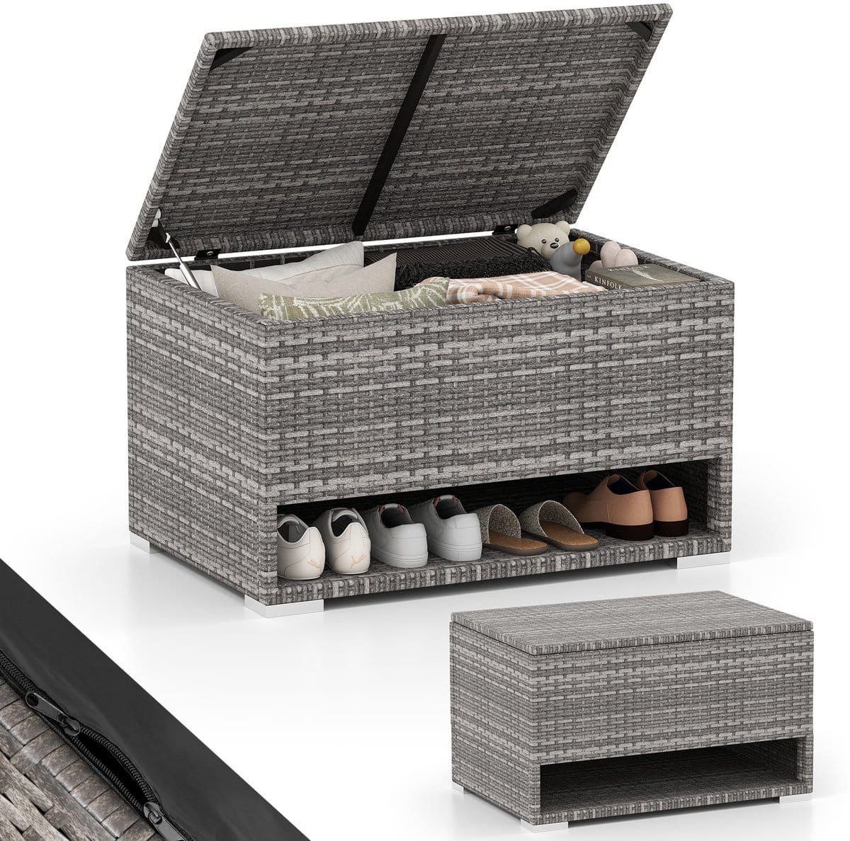 costway tuinbox met schoenenrek, polyrotan opbergbox, weerbestendig, met beschermliner en deksel, 186 liter kussenbox, opbergdoos voor tuin, terras, balkon, 95 x 60 x 58 cm (grijs)