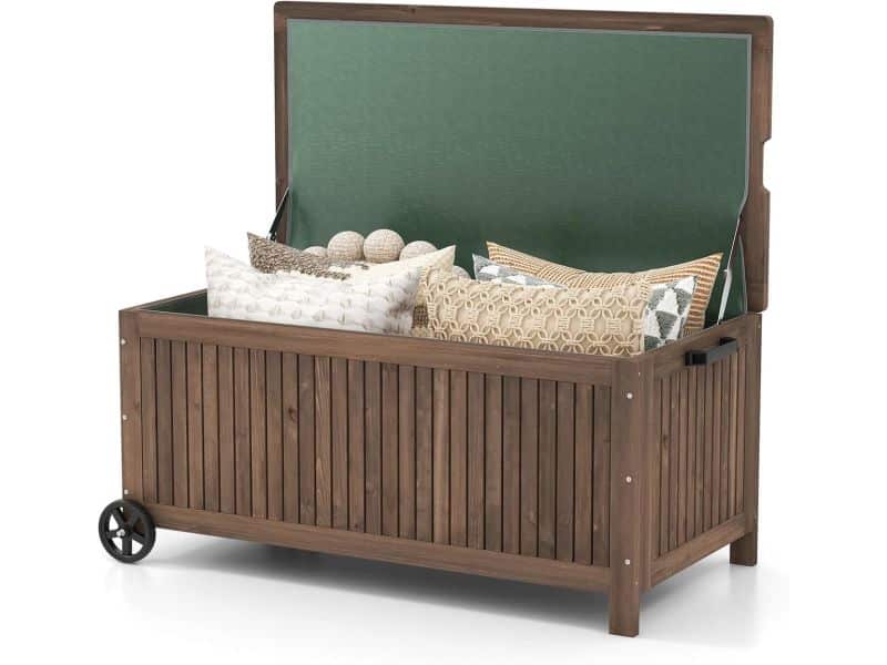 COSTWAY Tuinbox van hout, 213 liter, opbergdoos met wielen, kussenbox met waterdichte PE-voering, opbergbox met deksel en handgreep, voor tuin, terras, 114 x 58,5 x 51 cm, bruin