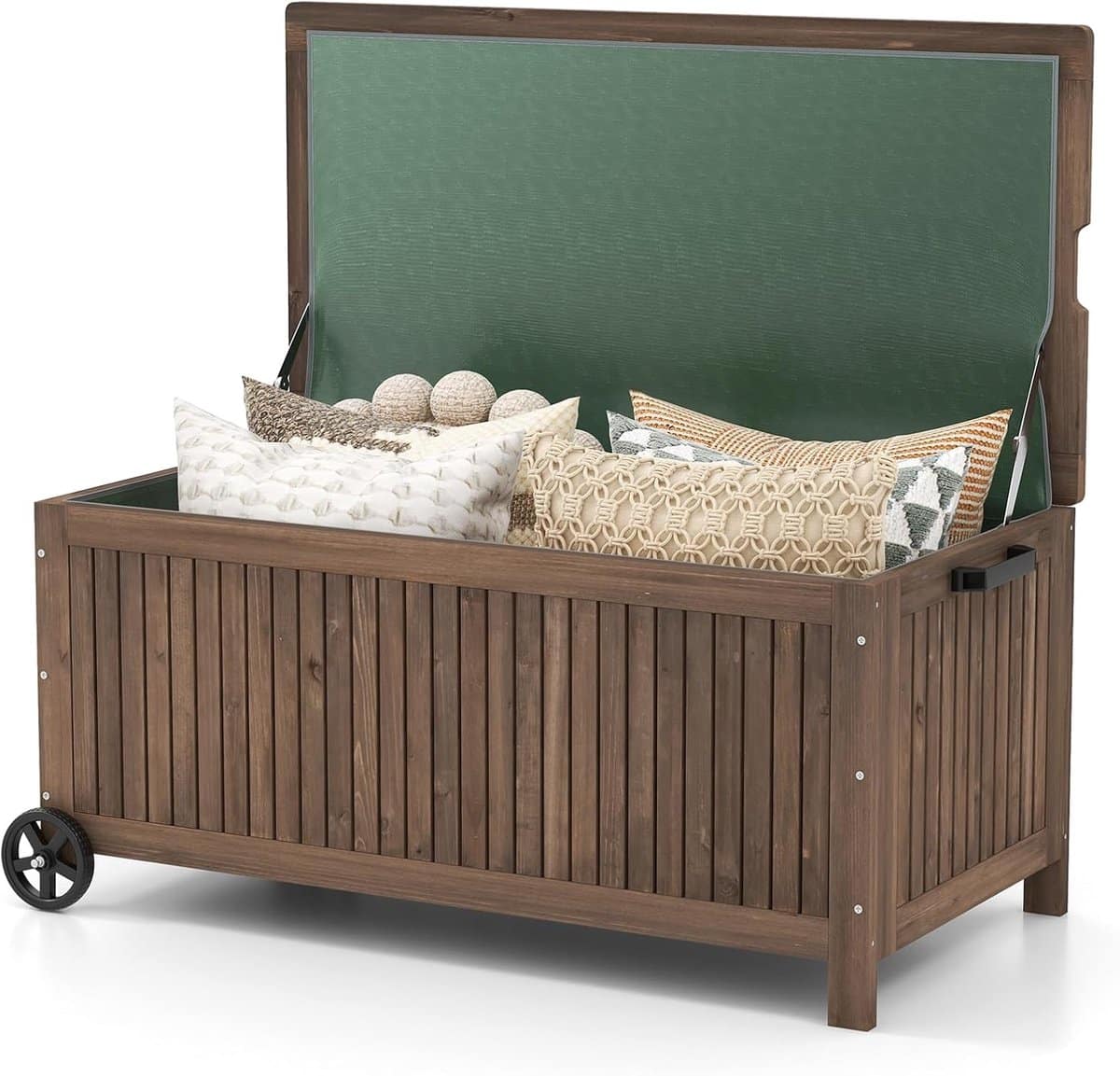 costway tuinbox van hout, 213 liter, opbergdoos met wielen, kussenbox met waterdichte pe voering, opbergbox met deksel en handgreep, voor tuin, terras, 114 x 58,5 x 51 cm, bruin