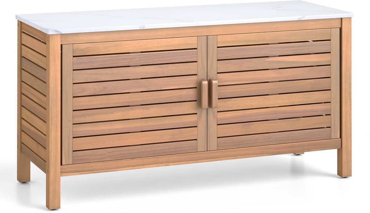 costway tuinkast van hout, terraskast met kunstmarmeren plaat, plank en verstelbare voetkussens