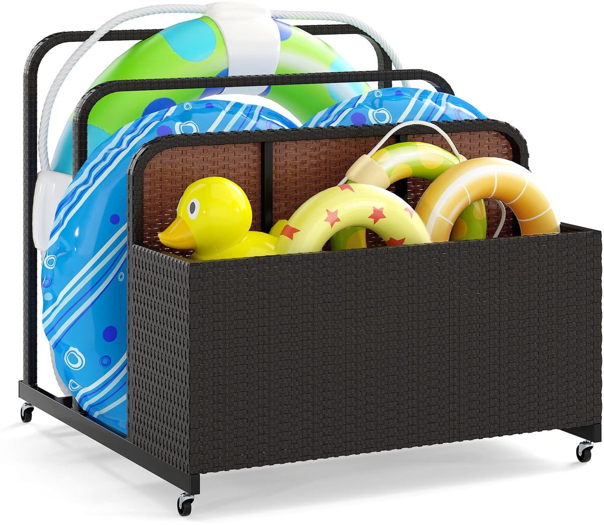 costway zwembad opbergmand met wieltjes, pe rotan opbergdoos, opbergdoos voor zwemhulpen