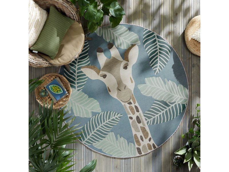 Flycarpets Rond Modern Vloerkleed - Eric Giraffe - Buitenkleed - Giraf - Blauw - 160x160 cm