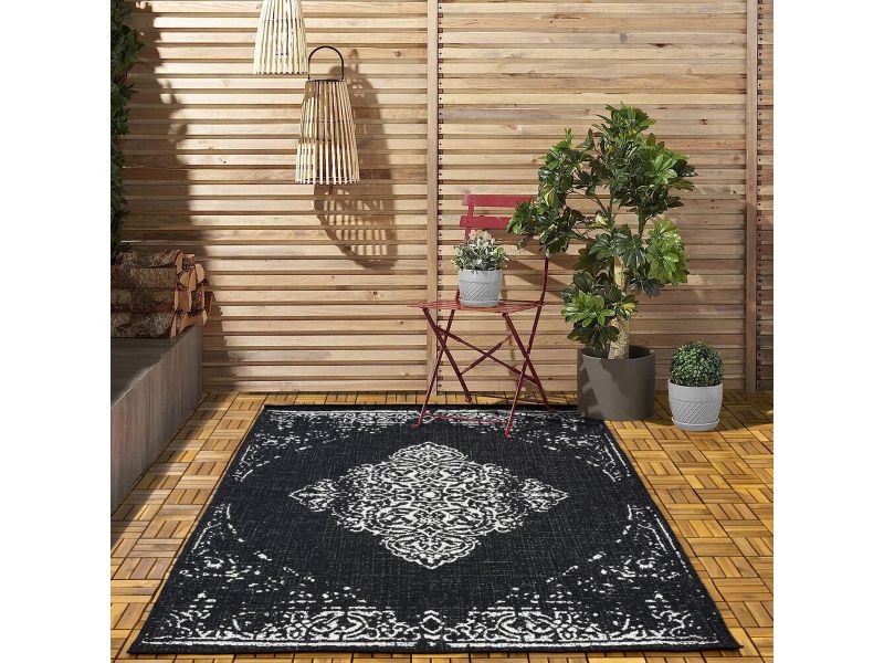 Flycarpets - Tuintapijt - Vloerkleed Voor Buiten & Binnen - Campingkleed / Buitenkleed - Zwart - Afmeting 280x370 cm - Vintage Design