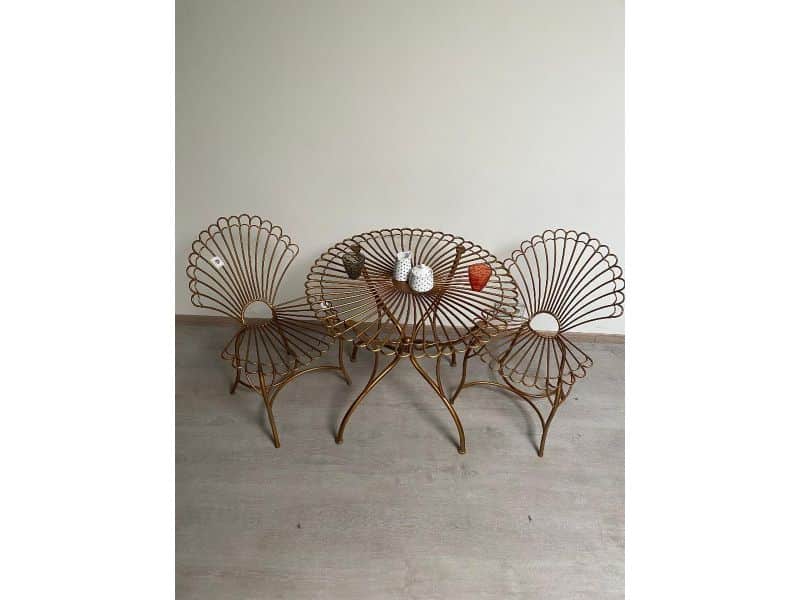 GOODWILL-BISTROSET-1 TAFEL-2 STOELEN-SET-SCHELP-GOUD-APART-EXCLUSIEF-HANDGEMAAKT-METAAL-80CM-BUITEN-BINNEN-ROMANTISCH-STIJLVOL-TUIN-BALKON-TERRAS