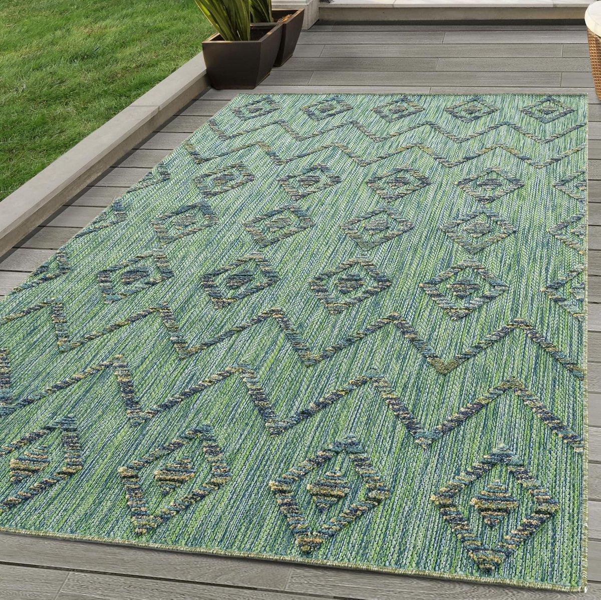 groen boho buitenkleed 80×250 cm weerbestendig vloerkleed voor balkon, terras en tuin