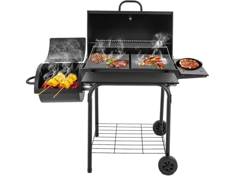 Grote Houtskool BBQ Grillwagen met Rookoven en Deksel