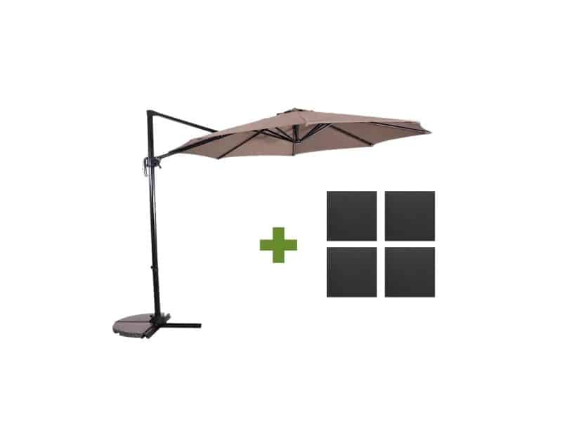 Grote Zweefparasol Libra Taupe 2,5x2,5m met steen-beton tegels parasolvoet