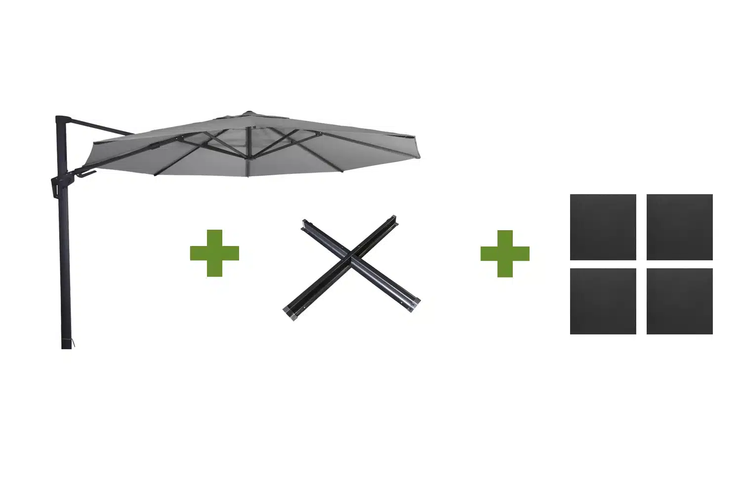 grote zweefparasol virgoflex antraciet 3,5m met kruisvoet en parasolvoettegels