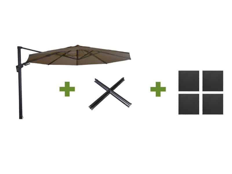 Grote Zweefparasol VirgoFlex Taupe 3,5m met Kruisvoet en Parasolvoettegels