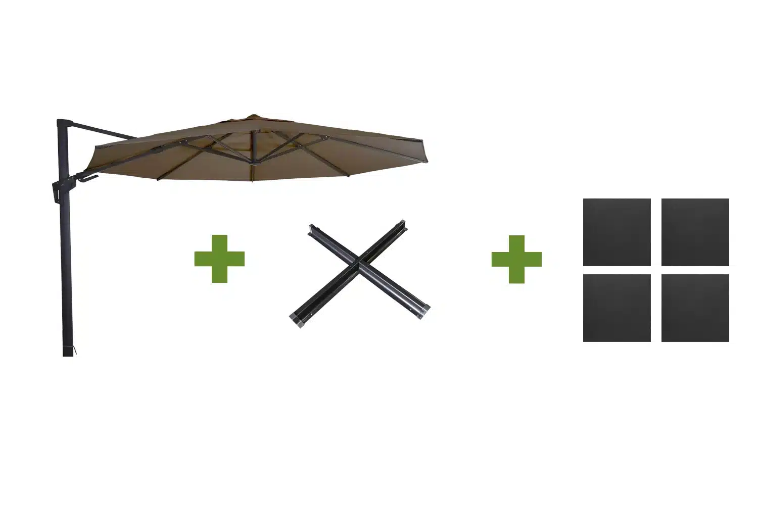 grote zweefparasol virgoflex taupe 3,5m met kruisvoet en parasolvoettegels