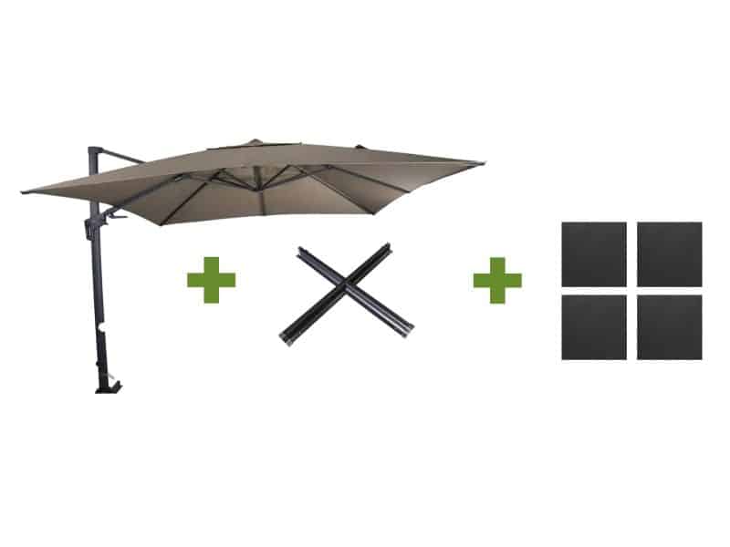 Grote Zweefparasol VirgoFlex Taupe 3x3m met Kruisvoet en Parasolvoettegel