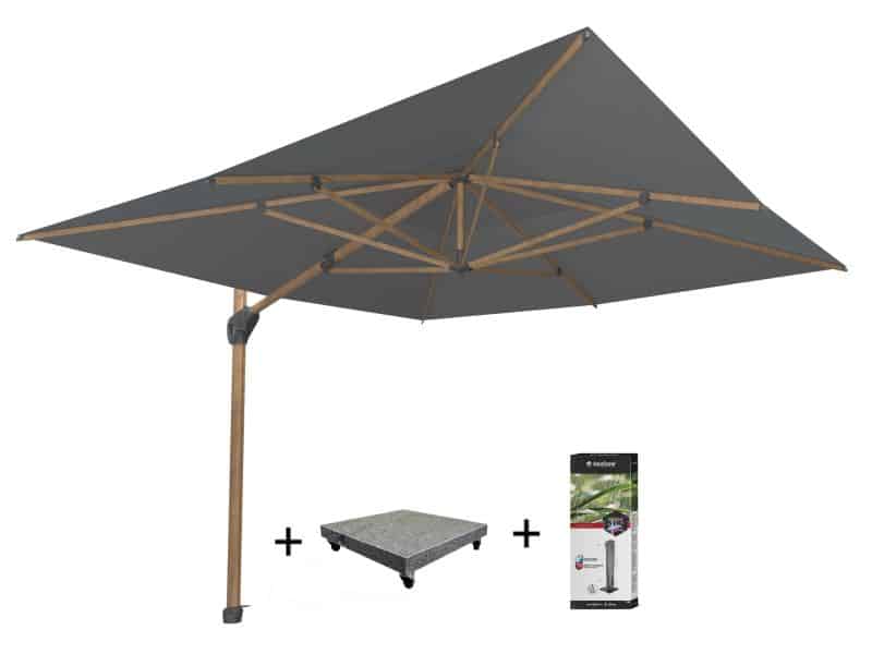 Hacienda zweefparasol 300x400 cm houtlook frame charcoal 4 Seasons Outdoor met 120 KG voet en hoes