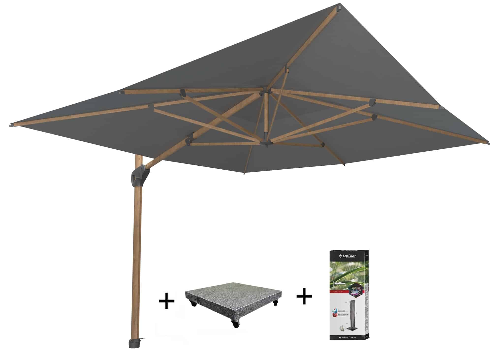 hacienda zweefparasol 300×400 cm houtlook frame charcoal 4 seasons outdoor met 120 kg voet en hoes