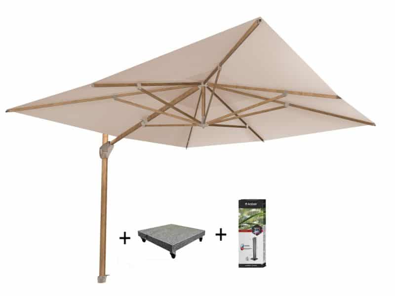 Hacienda zweefparasol 300x400 cm houtlook zand 4 Seasons Outdoor met 120 KG voet en hoes