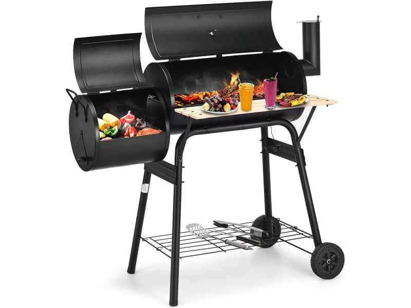 Houtskool Barbecue op Wielen met Deksel, Thermometer en Zijtafel