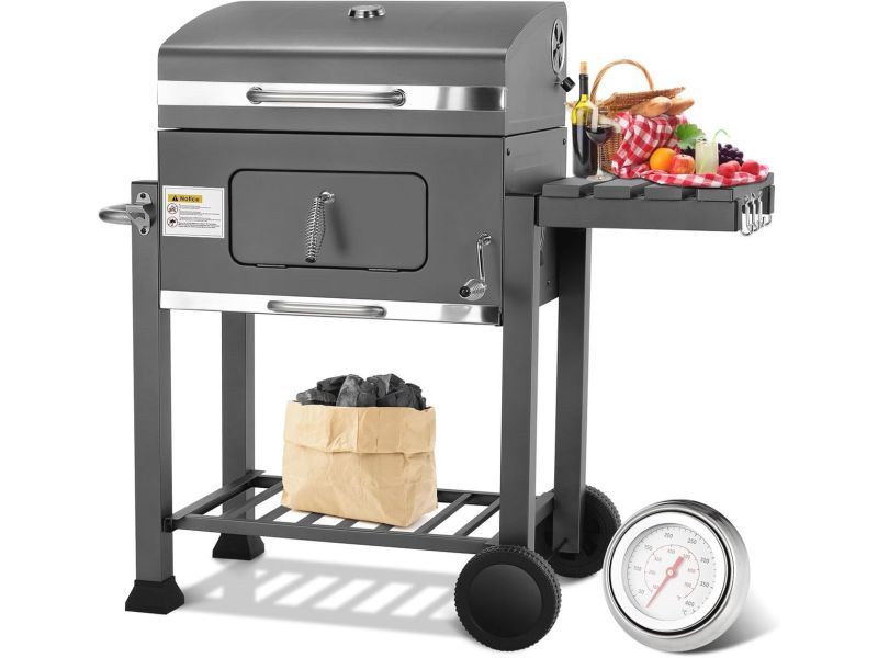 Houtskoolgrill XL met Deksel en Thermometer - BBQ Grillwagen voor