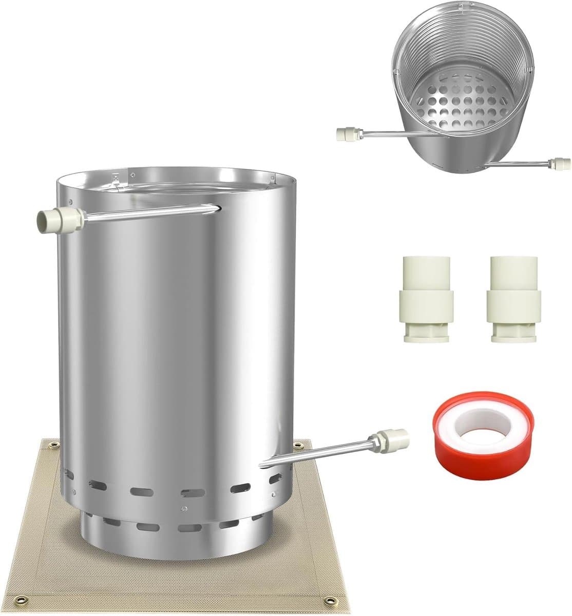 houtvuur zwembadverwarming voor whirlpool, stalen vuurton met 14m verwarmingsspiraal, Ø32/38mm aansluitingen, geperforeerd ventilatieroosterdesign & asbak, verwarming voor zwembaden/tuindouche/zwembad, naizy