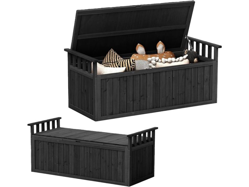 KOMFOTTEU 209 L Houten tuinbox van dennenhout, opbergbox voor buiten met armleuningen, klepdeksel en verborgen opbergruimte, draagvermogen 100 kg, voor tuin, terras, 128 x 58 x 53 cm