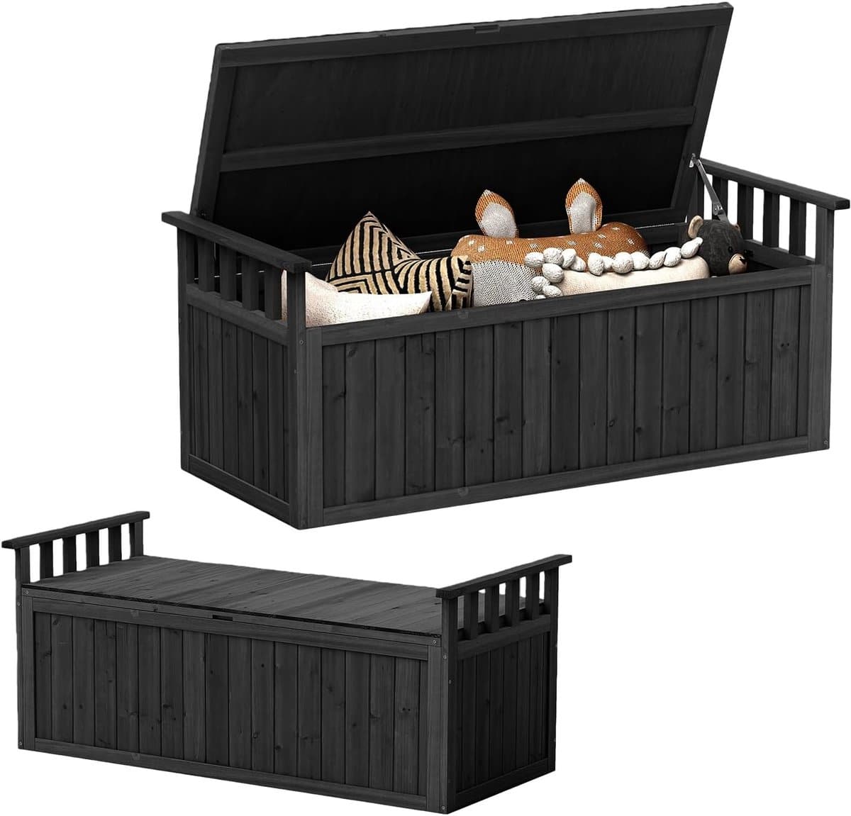 komfotteu 209 l houten tuinbox van dennenhout, opbergbox voor buiten met armleuningen, klepdeksel en verborgen opbergruimte, draagvermogen 100 kg, voor tuin, terras, 128 x 58 x 53 cm