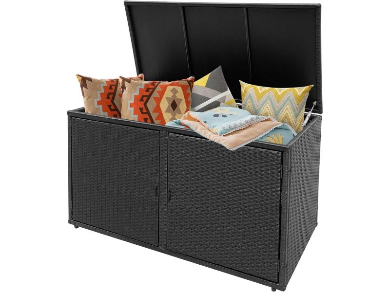 KOMFOTTEU 335 l polyrotan opbergbox, kussenbox, opbergdoos met 2 planken en deksel, tuinkast voor tuin, balkon, terras, zwembad (zwart)
