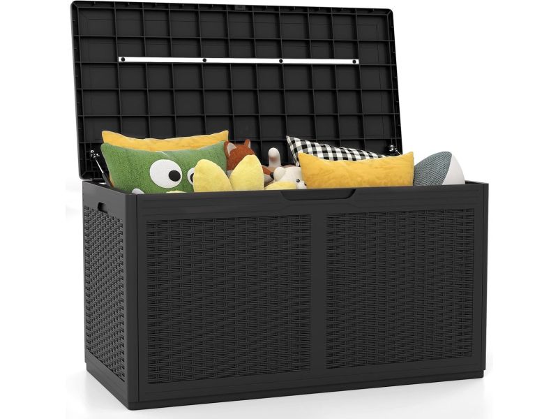 KOMFOTTEU 380 L tuinbox, wasserdicht opbergdoos met wielen, tuinbox met deksel, kussenbox voor buiten uit rattanstructuur, tuinkist voor balkon, tuingereedschap & zwembadaccessoires (Zwart)