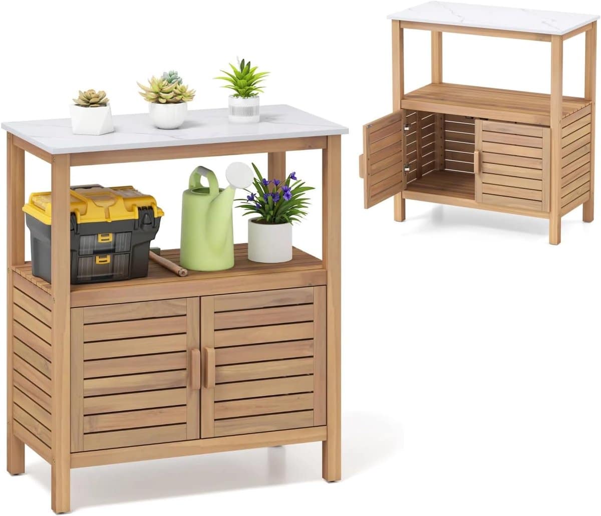 komfotteu buitenkast van massief hout, opbergkast met platform, tuinpottafel met deurkast