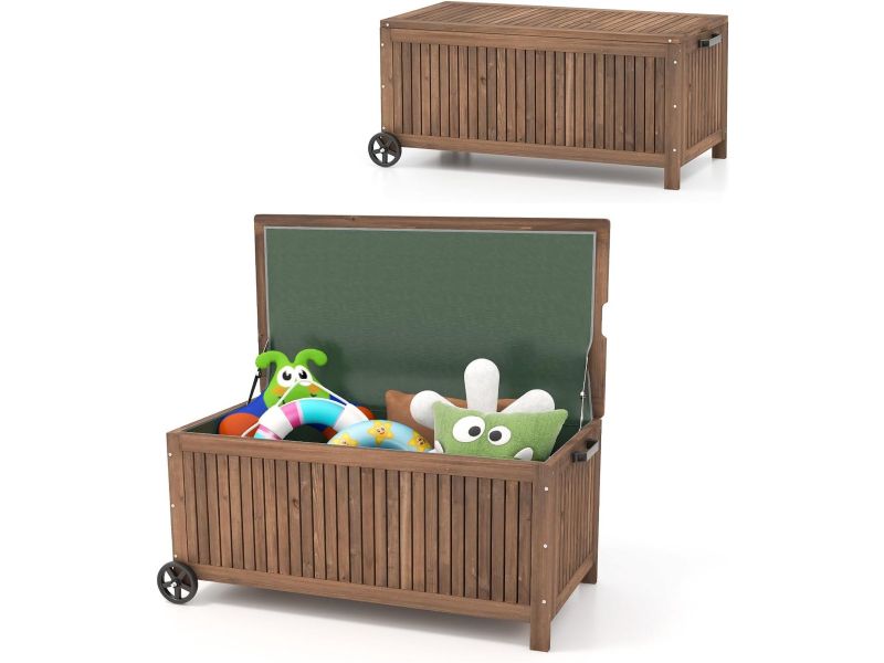 KOMFOTTEU Opbergbox 213 liter met wieltjes, 114 x 58,5 x 51 cm, tuinbox met afneembare waterdichte PE-folie, wielen en draaggreep, opbergdoos voor tuin, kussenbox voor achtertuin, veranda en tuin