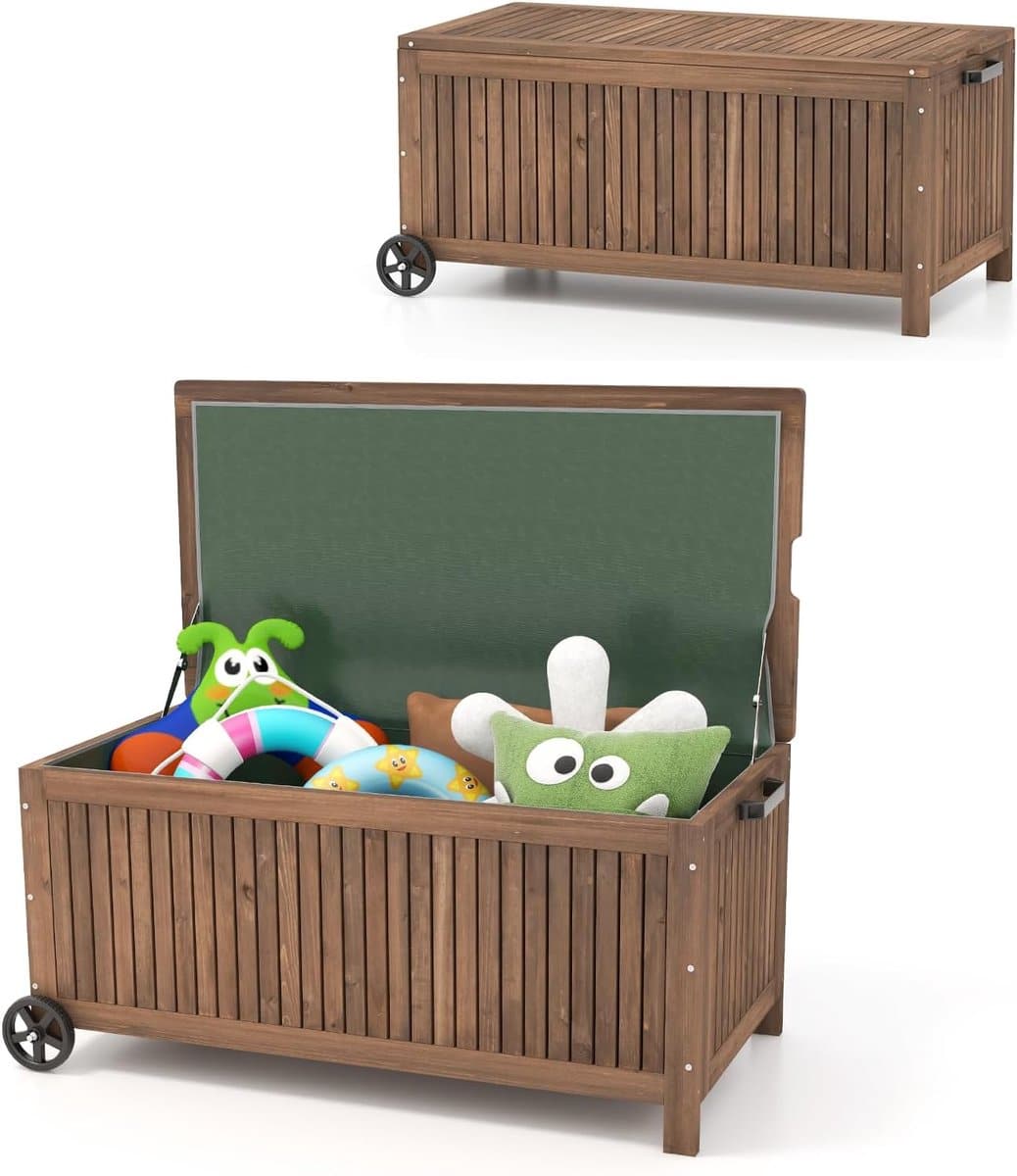 komfotteu opbergbox 213 liter met wieltjes, 114 x 58,5 x 51 cm, tuinbox met afneembare waterdichte pe folie, wielen en draaggreep, opbergdoos voor tuin, kussenbox voor achtertuin, veranda en tuin