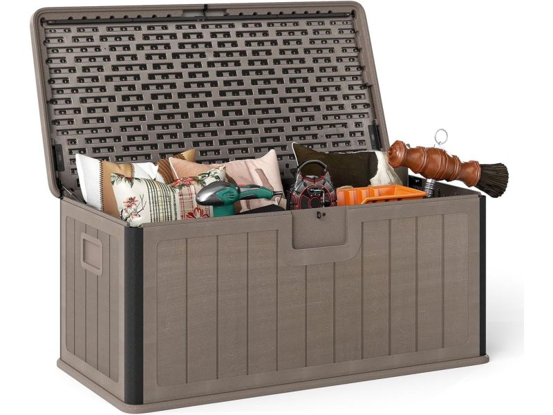 KOMFOTTEU Tuinbox, 378 liter, waterdichte opbergbox met afsluitbaar deksel en handgreep, kussenbox voor tuin, tuinkist voor terras, zwembadaccessoires en tuingereedschap (bruin)