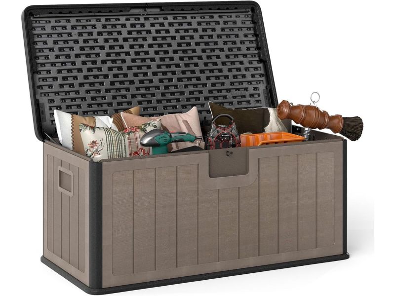 KOMFOTTEU Tuinbox, 378 liter, waterdichte opbergbox met afsluitbaar deksel en handgreep, kussenbox voor tuin, tuinkist voor terras, zwembadaccessoires en tuingereedschap (zwart + bruin)