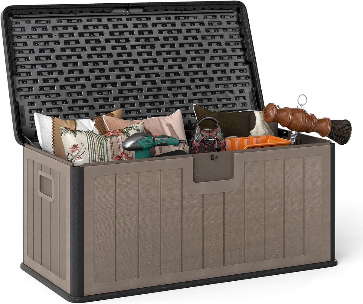komfotteu tuinbox, 378 liter, waterdichte opbergbox met afsluitbaar deksel en handgreep, kussenbox voor tuin, tuinkist voor terras, zwembadaccessoires en tuingereedschap (zwart + bruin)