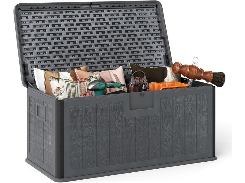 KOMFOTTEU Tuinbox, 378 liter, waterdichte opbergbox met afsluitbaar deksel en handvat, kussenbox voor tuin, tuinkist voor terras, zwembadaccessoires en tuingereedschap (grijs)