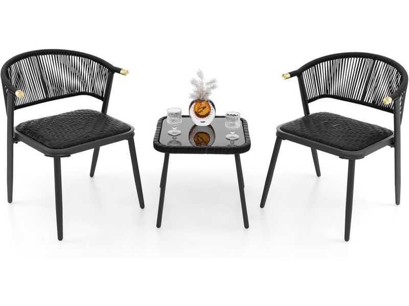 KOMFOTTEU Tuinmeubelset, 3-delig, bistroset van rotan, 2 gestoffeerde stoelen en