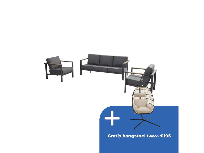 Loungeset Ginger Antraciet Bruin RVS Teak Bank Stoel Kussens Buiten 4SO